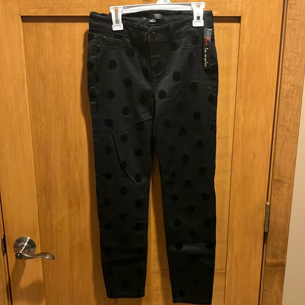 NWT Fire Los Angeles Velvet Polkadot Black Skinny Jeans button/zip fly girls 12